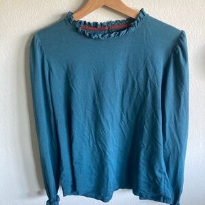 Boden Teal Ruffle Neck Long Sleeve Top